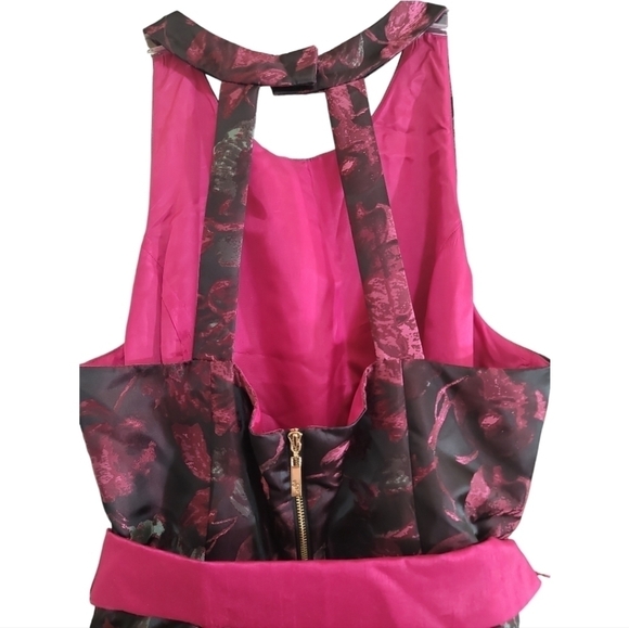 NWT Eliza J Black Pink Floral Fit and Flare Dress 14 Open Back Sash and Pockets - Picture 6 of 9